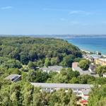 Panoramic view of a forest, buildings, and a beach with blue sea under clear sky.