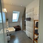 Badezimmer mit Dusche, Handtuchhalter und Waschbecken unter Dachfenster.