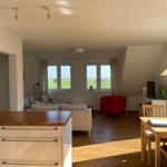 Wohnung mit Küche, Essbereich und Wohnzimmer mit Blick auf grüne Felder.