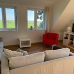 Wohnzimmer mit Sofa, rotem Sessel und TV. Fenster zeigen grüne Landschaft.