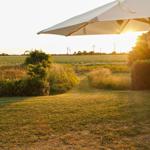 Garten mit Sonnenschirm, Feldweg und Windkraftanlagen im Hintergrund.