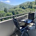 Balcony with table and chairs overlooking forested mountains.