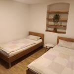 Two single beds with wooden frames and checkered bed linens. Wall shelf with plant and wooden chair.