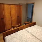 Bedroom with wooden bed and wardrobe. Passage to another room.