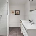 Bathroom with shower, sink, and two pictures on the wall.