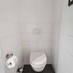 Toilet area with white wall tiles, toilet, and toilet paper holder.