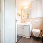 Badezimmer mit Waschbecken, Toilette und Spiegelschrank. Fenster mit Blumentopf.