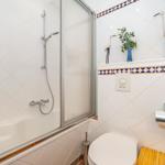 Bath with shower, toilet, and wooden stool. Wall tiles with blue-white pattern.