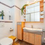 Bathroom with toilet, sink, and mirror cabinet. Walls tiled with blue pattern.