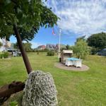 Grüner Garten mit Tisch, Stühlen und Segelboot-Flagge. Vordergrund: großer Anker mit Kette.