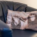 Ein Kissen mit Schafmotiv liegt auf einem schwarzen Ledersofa.