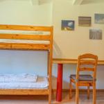 A room with a wooden bed and a desk with a chair.