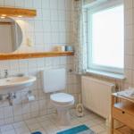 Bathroom with sink, toilet, and window. Wooden shelves and mirror.