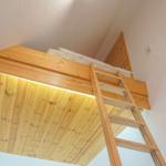 A bedroom with a double bed on a wooden platform with ladder and lighting.