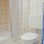 Bathroom with shower, toilet, and washing machine.