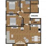 Wohnung mit zwei Schlafzimmern, Küche, Bad und Terrasse. Eingang und Heizung sind ebenfalls vorhanden.