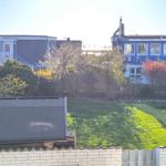 Grüner Garten mit Blick auf zwei Häuser mit Fenstern und Bäumen.