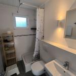 Badezimmer mit Dusche, Toilette und Waschbecken. Holzregal und Spiegel sichtbar.