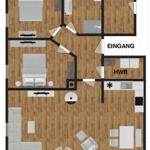 Dieses Haus hat zwei Schlafzimmer, eine Küche, ein Bad und einen Balkon.