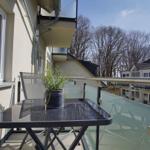 Terrasse mit Tisch, Stuhl und Pflanze. Glasgeländer und Blick auf Häuser und Bäume.