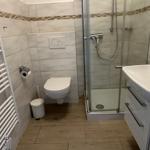 Badezimmer mit Dusche, WC und Waschbecken.