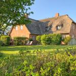 Red brick house with thatched roof, surrounded by greenery and trees.