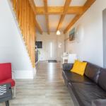 Wohnraum mit Sofa, roter Sitzgelegenheit und Holzbalkendecke.
