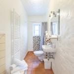Bathroom with toilet, sink, and shower with curtain.