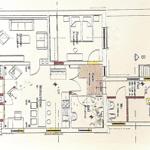 Grundriss einer Wohnung mit Wohnzimmer, Küche, Bad und mehreren Schlafzimmern.