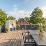 Terrasse mit Sitzgruppe, Tisch und Pflanzen. Blick auf grüne Bäume und ein Haus.