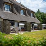 House with thatched roof and outdoor terrace with lounge chairs and table.