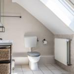 Badezimmer mit Toilette, Waschbecken und Dachfenster. Wandfliesen und Heizkörper sichtbar.