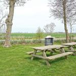 Green garden with wooden tables, grill, and trees. View of fields and road.