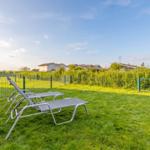 Two sun loungers on green grass in front of a fence with view of houses.