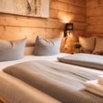 Zwei Betten mit Kissen und Bettwäsche in einem Holzhauszimmer mit Wandbeleuchtung.