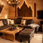 Wohnzimmer mit Ledersofa, Holzsofa, Wanddekoration und Fernseher.