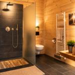 Dusche mit Glaswand, Toilette und Heizkörper an Holzwand