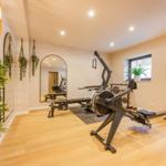 Fitnessraum mit Rudergerät, Spiegeln und Pflanzenwand.