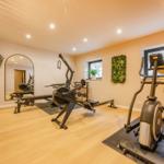 Fitnessraum mit Laufband und Rudergerät, Holzboden und Pflanzen an den Wänden.