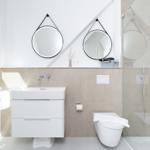 Badezimmer mit Dusche, Waschbecken und Toilette. Zwei runde Spiegel an der Wand.