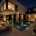 Moderne Villa mit Pool und Terrasse bei Nacht. Beleuchtete Fenster und Pflanzen.