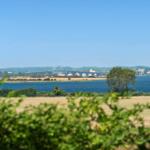 Wide view of river, bridge, and fields under blue sky.