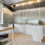 Modern kitchen with stainless steel wall, countertops, and garden view through window.