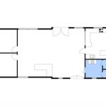The apartment has two bedrooms, a kitchen, and a bathroom with shower.