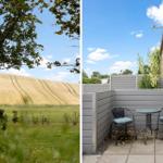 Terrasse mit Tisch und zwei Stühlen neben Backsteinhaus. Blick auf Feld und Baum.