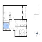 Wohnung mit drei Schlafzimmern, Küche und überdachter Terrasse.