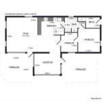 Dieses Grundriss zeigt eine Wohnung mit zwei Schlafzimmern, Küche, Bad und Terrassen.