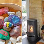 Painted stones in a wooden bowl and a lit fireplace in the living area.