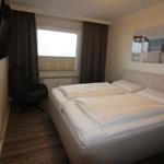 Bedroom with double bed, window, TV, and wall art