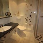 Bathroom with shower, sink, and toilet. Tiles with pattern.